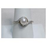 Vantel Pearl & CZ Swirl Sterling Silver Ring Sz 10