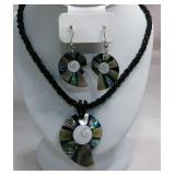 Shell & Black Glass Beaded Necklace Earrings Set