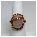 Banded Agate Coral & Garnet Gold Tone Ring Sz 7