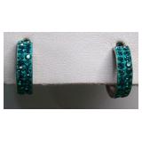 Sterling Teal Austrian Crystal Half Hoop Earrings