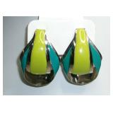 Retro Silver-Tone Teal & Chartreuse Earrings