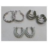 3 Pair Vintage Silvertone Pierced Hoop Earrings