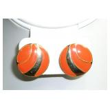 Vintage Gold & Orange Enamel Swirl Disc Earrings
