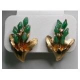 Vintage Faux Jade & Rhinestone Gold-Tone Earrings