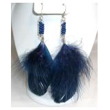 Navy Beaded Dangle Feather Earrings