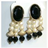Vintage Gold Dangle Earrings Black & Faux Pearl