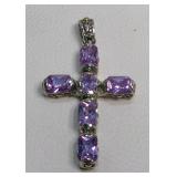 Large Silver-Tone Cross Pendant Lavender Stones