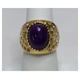 Gold-Tone Purple Cabochon Side Crystals Ring