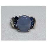 Blue Chalcedony Cabochon & Sapphire Ring Size 7