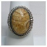 Oval Picture Jasper Cabochon Silver Ring Size 7