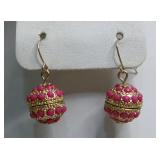 Gold-Tone Pave Ball Pink Beaded Drop Earrings