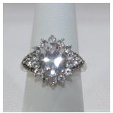 925 Sterling Oval Floral Halo Crystal Ring Size 8
