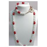 Pearl & Coral Strand Necklace & Bracelet Set