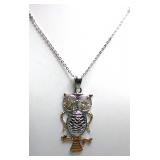 Stainless Steel Jeweled Eye Owl Pendant Necklace