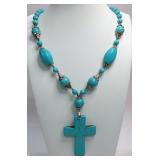 Howlite & Blue Glass Beaded Cross Pendant Necklace