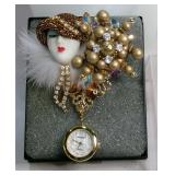 Vintage Bonetto Art Deco Lady in Fur Watch Brooch