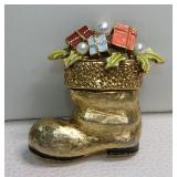 Vintage ART Santa Boot Enameled Faux Pearl Brooch