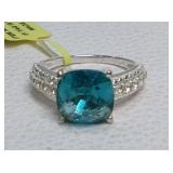 Teal Cushion Cut Lab Sapphire Sterling Ring Size 7