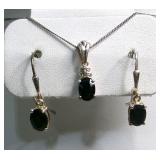 Sterling Silver Black Sapphire Pendant & Earrings