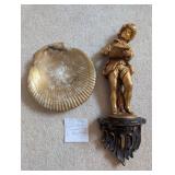 VTG Gold Painted Clamshell Tray & Boy Plaque