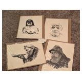 Vintage Ink Illustration Art Prints, Some Signed