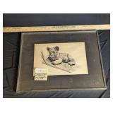 Framed Signed Numbered Ink Illustration Lion Cub