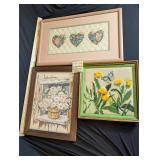 3pcs Vintage Framed Floral Needlework