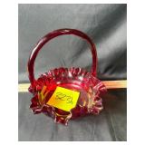 Vintage Fenton Art Glass ruby red ruffled basket