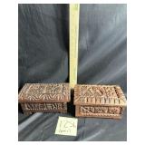 Pair of vintage hand carved ornate wooden boxes