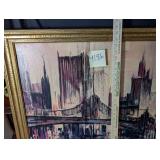 Large vintage framed art print, cityscape