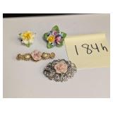 Vintage China porcelain flower/rose pins, Denton