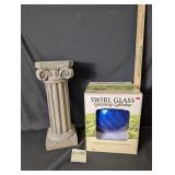 Blue swirl glass gazing globe, pillar pedestal