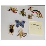 Vintage bird, owl, butterfly, fish pins