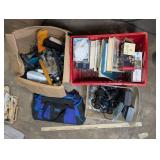 Misc lot, speakers, binoculars, tools, puzzles