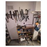 Tools, wooden shelf, etc