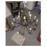 Ornate vintage cast brass and crystal chandelier