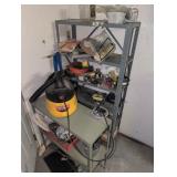 Metal shelves with contents, tools, vac, Etc