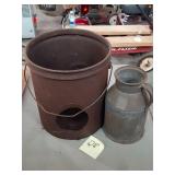 Vintage metal milk pail and a smaller jug