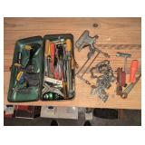 Toolbox w/Tools, Clamps, chainsaw Sharpener, etc