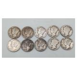 10 Mercury Silver Dimes 1930's US Coins