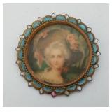 Antique Brass Enamel Miniature Portrait Pin Brooch