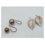 2 Sterling Silver Earrings Leaf Clipback & Ball