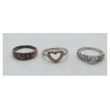 3 Sterling Silver Rings Heart Shaped & CZ