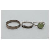 3 Sterling Silver Rings Green Stone