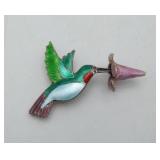 Sterling Silver Enamel Hummingbird Flower Pin