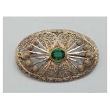 Vintage Filigree DAVID Portual Brooch Green Stone