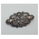 Art Deco Marcasite Pinks Stone Sterling Brooch