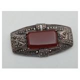 Art Deco Carnelian Stone Marcasite Sterling Brooch