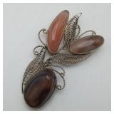 Filigree Three Cabochon Stone Brooch NOT STERLING