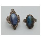 2 Fine Painted Cabochon Silver Artisan Rings